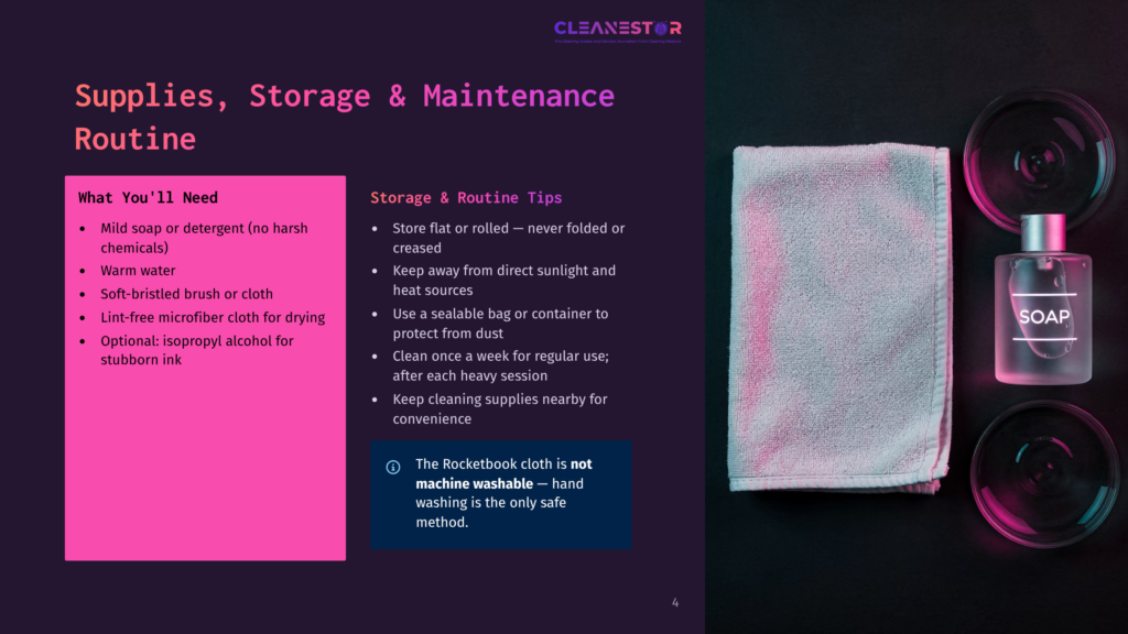 A White Microfiber Cloth Is Neatly Folded Next To A Clear Bottle Of &Quot;Soap&Quot; And Two Glass Petri Dishes, Set Against A Dark, Moody Background With Pink And Blue Lighting. The Image Illustrates Supplies For Cleaning And Maintenance Routines.