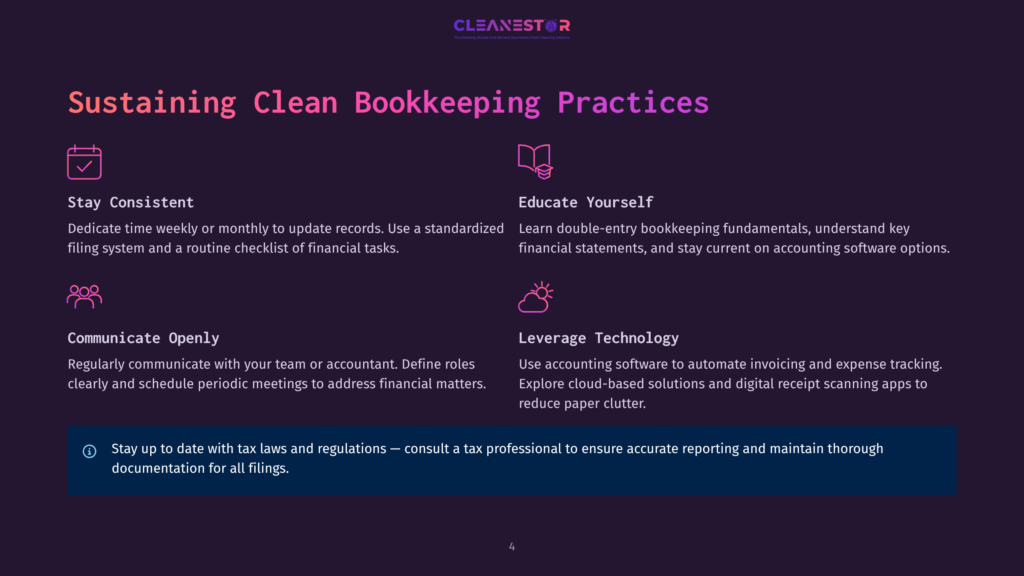 Infographic With Text On &Quot;Sustaining Clean Bookkeeping Practices,&Quot; Featuring Icons For Consistency, Education, Communication, And Technology.