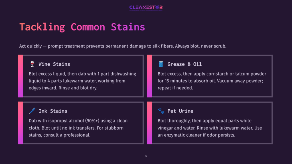 Infographic Titled &Quot;Tackling Common Stains&Quot; With Sections On Wine, Grease &Amp; Oil, Ink, And Pet Urine Stains, Offering Cleaning Tips And Product Recommendations.