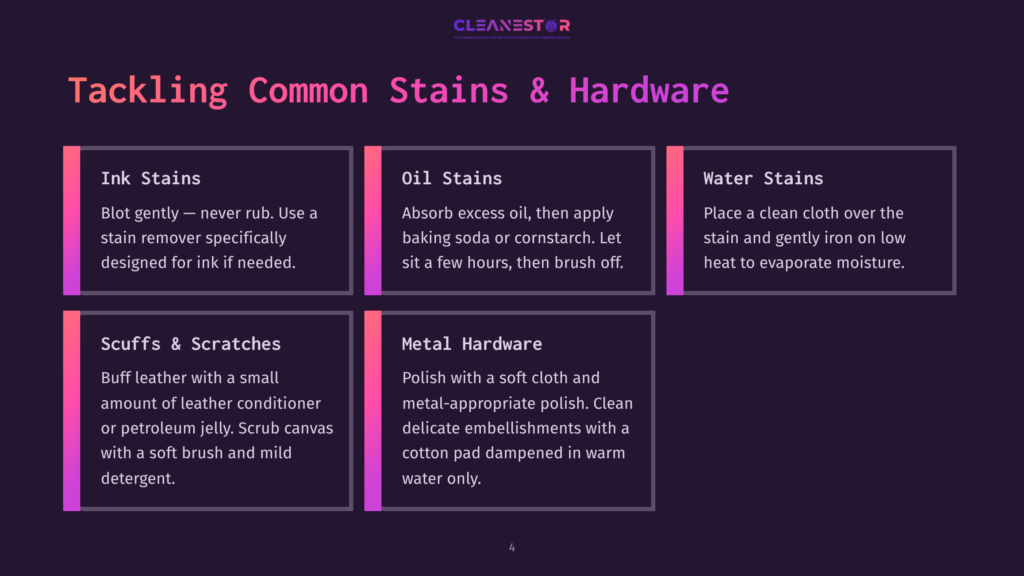 Infographic Titled &Quot;Tackling Common Stains &Amp; Hardware&Quot; With Sections On Ink Stains, Oil Stains, Water Stains, Scuffs &Amp; Scratches, And Metal Hardware, Offering Cleaning Tips.