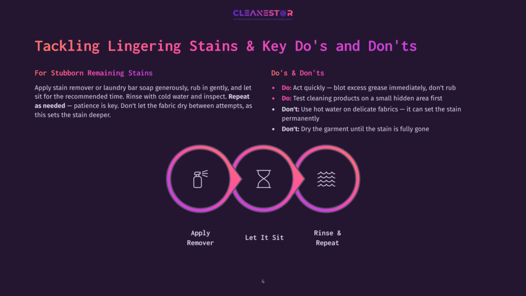 4 Tackling Lingering Stains And Key Dos And Donts Infographic Titled &Quot;Tackling Lingering Stains &Amp; Key Do'S And Don'Ts&Quot; With Three Circular Icons Representing Cleaning Steps: Apply Remover, Let It Sit, And Rinse &Amp; Repeat.