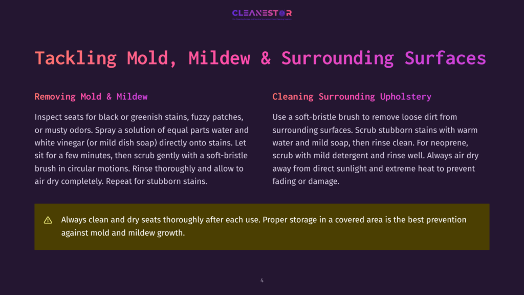 A Webpage With A Purple Background Displays The Heading &Quot;Tackling Mold, Mildew &Amp; Surrounding Surfaces.&Quot; It Contains Text About Removing Mold And Mildew, And Cleaning Surrounding Upholstery, Including Tips Like Using A Soft-Bristle Brush And Scrubbing With Mild Detergent.