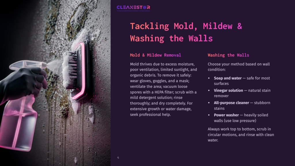 4 Tackling Mold Mildew And Washing The Walls Close-Up Of A Hand Spraying A Cleaning Solution Onto A Textured Wall With A Pink Cleaning Brush Attached To A Vacuum, Indicating Mold And Mildew Removal.