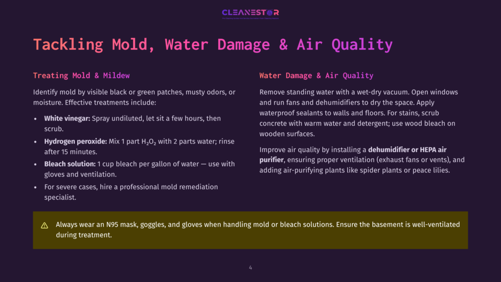 Tackling Mold, Water Damage &Amp; Air Quality: Information On Treating Mold And Mildew With White Vinegar And Hydrogen Peroxide, And Addressing Water Damage With Dehumidifiers And Hepa Air Purifiers.