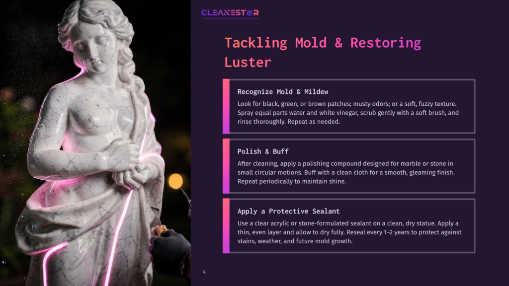 A Marble Statue Of A Woman With Long Flowing Hair Is Being Cleaned With A Pink Light Highlighting The Surface, Next To Instructions On Tackling Mold And Restoring Luster On A Purple Background.