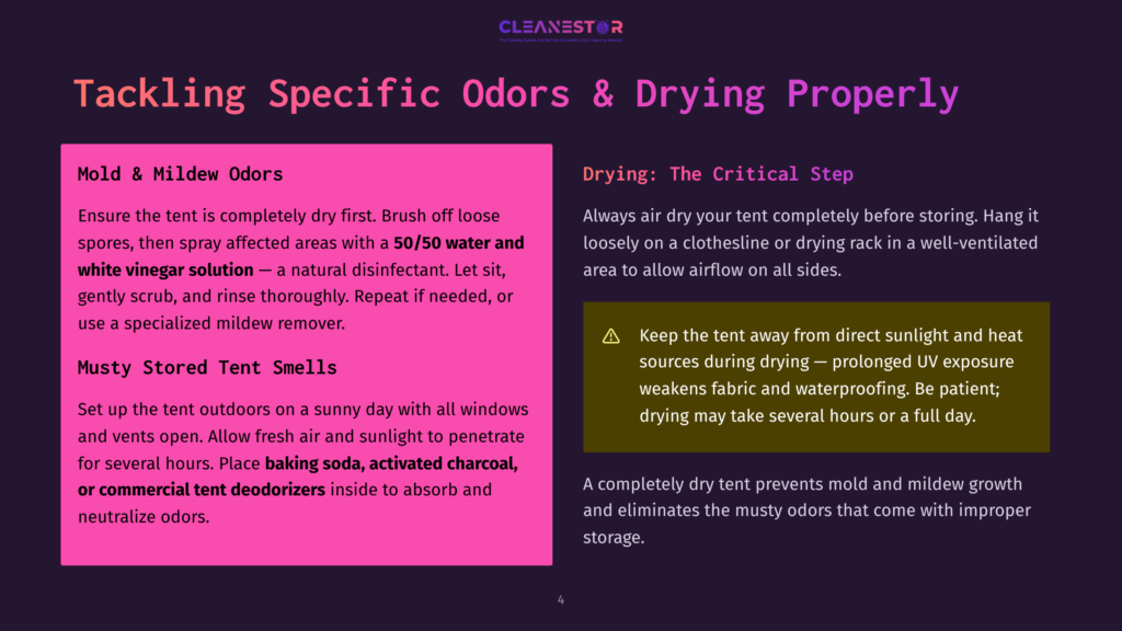 Slide With Text About Tackling Specific Odors And Drying Tents Properly, Detailing Mold &Amp; Mildew Odors, Musty Stored Tent Smells, And Drying The Critical Step.