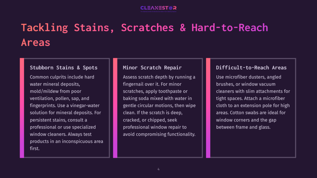 Three Columns Of Text On A Dark Purple Background, Detailing How To Tackle Stubborn Stains, Minor Scratch Repair, And Difficult-To-Reach Areas For Window Cleaning.