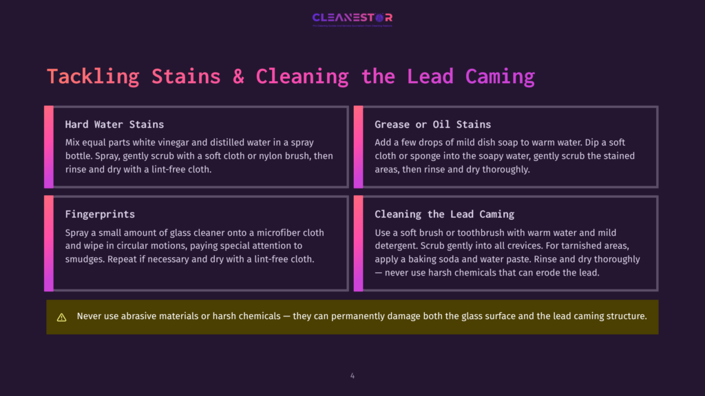 An Infographic With A Blue And White Background Shows Cleaning Instructions For Hard Water Stains, Grease Or Oil Stains, And Fingerprints On A Lead Came Glass. It Emphasizes Using Gentle Methods And Avoiding Harsh Chemicals.
