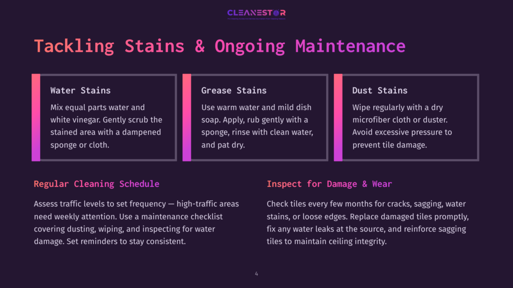 A Dark Purple Background With The Title &Quot;Tackling Stains &Amp; Ongoing Maintenance&Quot; And Three Columns Detailing Cleaning Tips: &Quot;Water Stains,&Quot; &Quot;Grease Stains,&Quot; And &Quot;Dust Stains,&Quot; Along With Sections On &Quot;Regular Cleaning Schedule&Quot; And &Quot;Inspect For Damage &Amp; Wear.