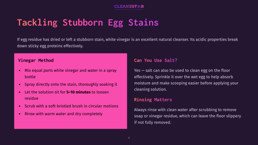 Infographic Detailing How To Tackle Stubborn Egg Stains With White Vinegar And Salt. Includes Steps For A Vinegar Solution And Advice On Using Salt.