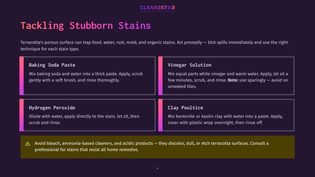 4 Tackling Stubborn Stains Infographic Detailing How To Tackle Stubborn Terracotta Stains With Baking Soda Paste, Vinegar Solution, Hydrogen Peroxide, And Clay Poultice, With A Warning About Harsh Cleaners.