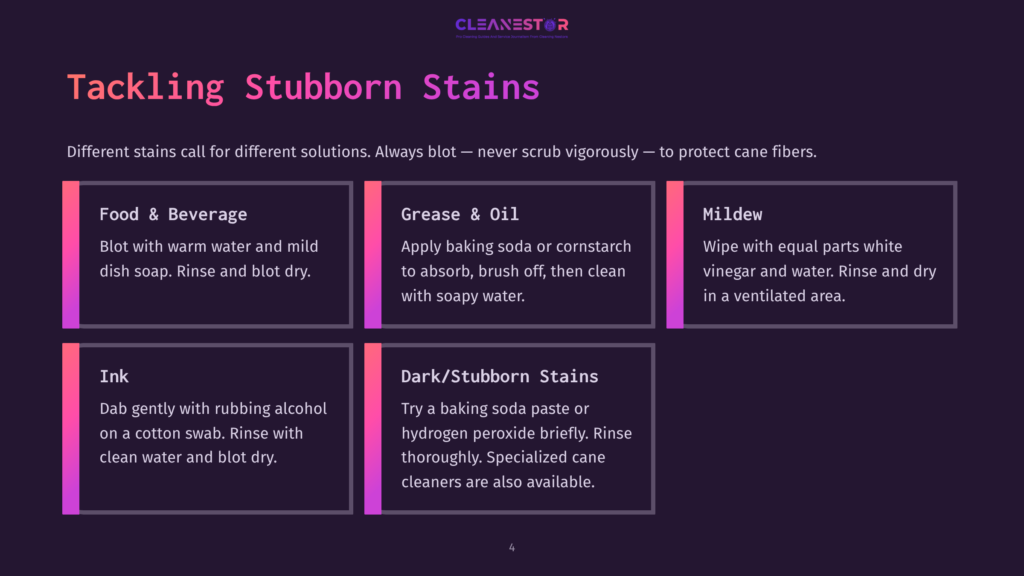 4 Tackling Stubborn Stains 2 A Purple And White Graphic With Text Instructions For Tackling Stubborn Stains. It Shows Methods For Handling Food And Beverage Spills, Grease And Oil Stains, Mildew, Ink, And Dark/Stubborn Stains. The Background Is A Solid Purple, With White Text And Pink Dividers Between Sections.
