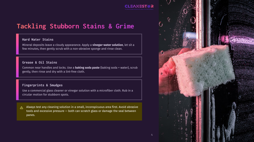 Close-Up Of A White Sponge Scrubbing A Glass Surface, Removing Stubborn Stains And Grime With Cleaning Solution. Text Overlay: &Quot;Tackling Stubborn Stains &Amp; Grime&Quot;.