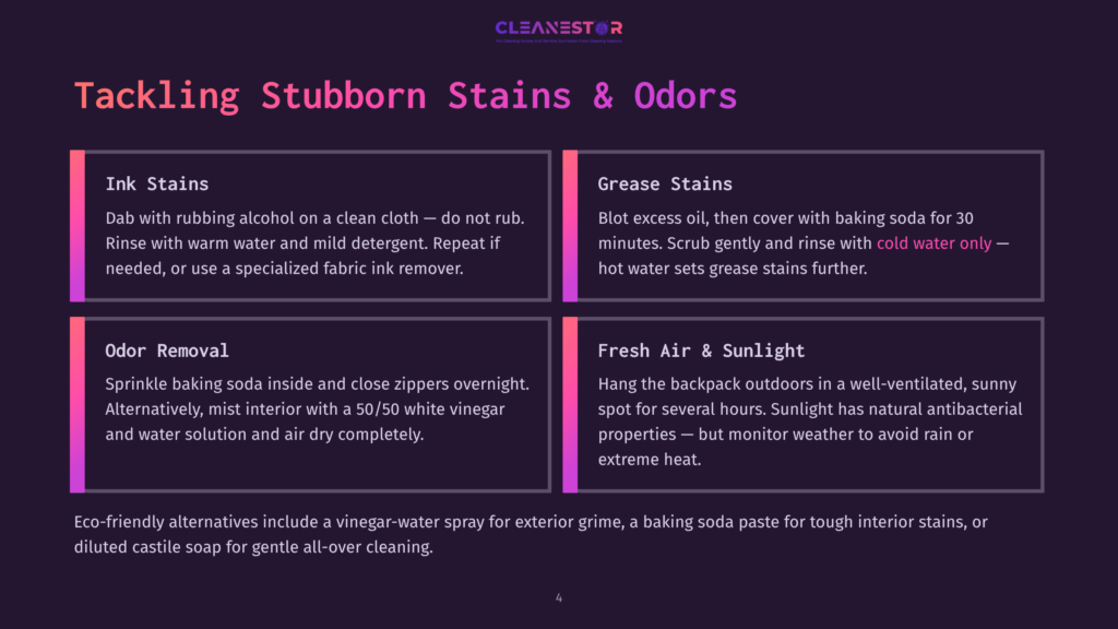 Infographic With Title &Quot;Tackling Stubborn Stains &Amp; Odors&Quot;, Offering Tips For Ink Stains, Grease Stains, Odor Removal, And Fresh Air &Amp; Sunlight For Cleaning.