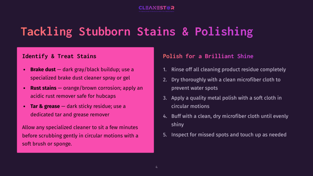 4 Tackling Stubborn Stains And Polishing Slide Titled &Quot;Tackling Stubborn Stains &Amp; Polishing&Quot; With Two Columns. The Left Column Lists &Quot;Identify &Amp; Treat Stains&Quot; Including &Quot;Brake Dust,&Quot; &Quot;Rust Stains,&Quot; And &Quot;Tar &Amp; Grease.&Quot; The Right Column Is Titled &Quot;Polish For A Brilliant Shine&Quot; With Steps To Rinse, Dry, Apply Metal Polish, Buff, And Inspect.