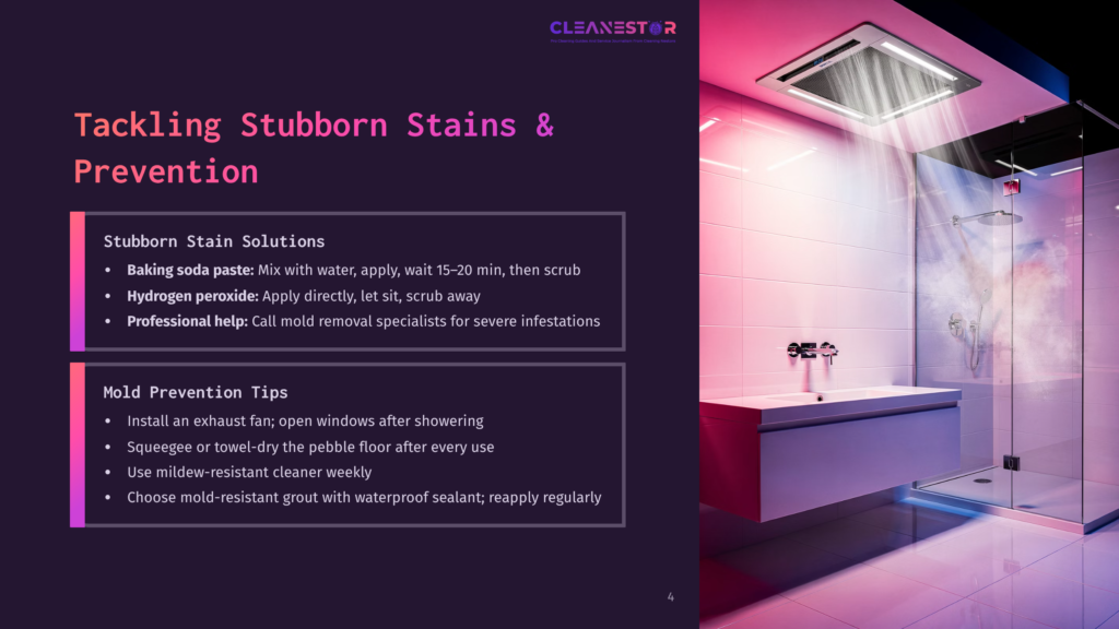 A Modern, Sleek Bathroom Features A Frameless Glass Shower Enclosure With A Rainfall Showerhead, A Wall-Mounted Vanity With A White Sink, And Ambient Purple And Pink Lighting. Text Overlays Offer Tips For Tackling Stubborn Stains And Mold Prevention.