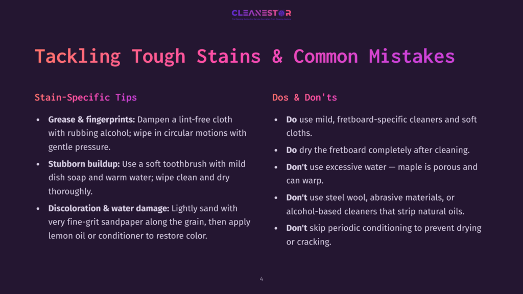 Slide Titled &Quot;Tackling Tough Stains &Amp; Common Mistakes&Quot; From Cleanestor, With Stain-Specific Tips And Dos &Amp; Don'Ts For Cleaning, Including Grease, Stubborn Buildup, And Discoloration.
