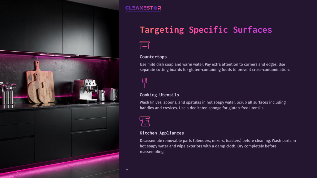 A Modern Kitchen With Black Countertops, Illuminated By Purple Under-Cabinet Lighting, Displays A Chopping Board And A Coffee Machine. Text On The Image Reads &Quot;Targeting Specific Surfaces&Quot; With Sections For Countertops, Cooking Utensils, And Kitchen Appliances.