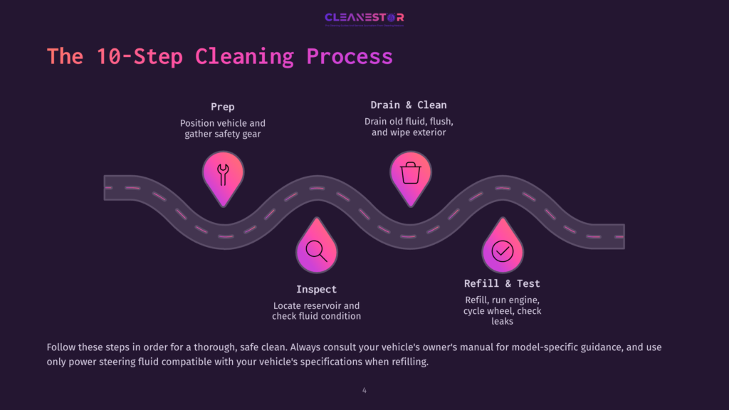 4 The 10 Step Cleaning Process The 10-Step Cleaning Process Infographic Shows A Winding Road With Four Icons: Prep, Inspect, Drain &Amp; Clean, And Refill &Amp; Test, Illustrating Vehicle Maintenance Steps.