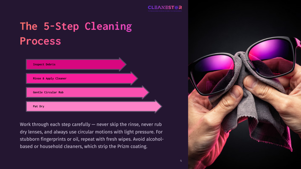 A Close-Up Of Hands Holding A Pair Of Sunglasses With A Purple Lens, Cleaning Them With A Gray Microfiber Cloth. Text Overlay Reads &Quot;The 5-Step Cleaning Process&Quot; With Steps Listed: Inspect Debris, Rinse &Amp; Apply Cleaner, Gentle Circular Rub, Pat Dry.