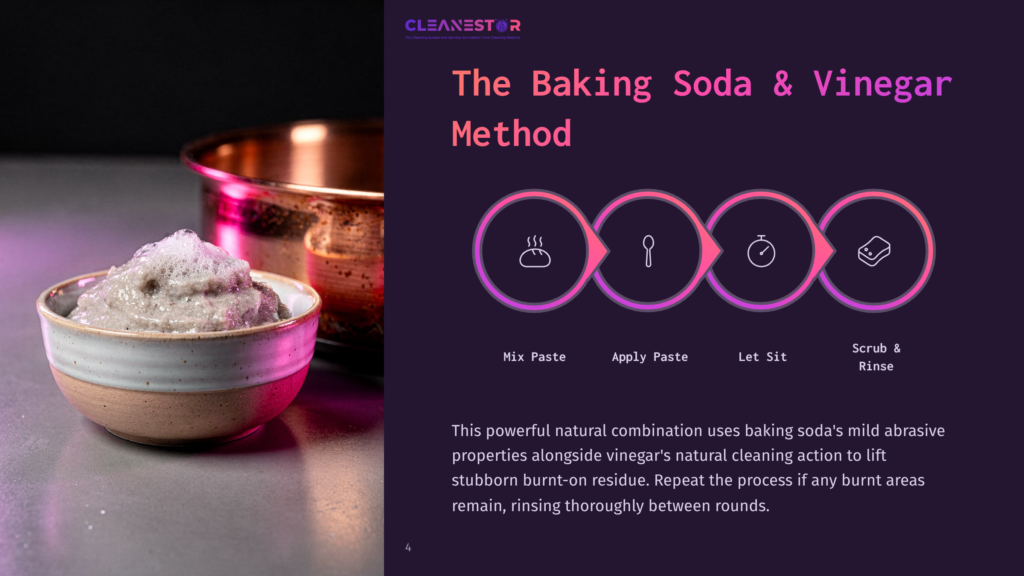 A Close-Up Of A Diy Cleaning Paste Made Of Baking Soda And Vinegar, With Foam On Top, In A Rustic Bowl. The Image Also Shows A Graphic Illustrating The Baking Soda And Vinegar Cleaning Method: Mix Paste, Apply Paste, Let Sit, Scrub &Amp; Rinse.