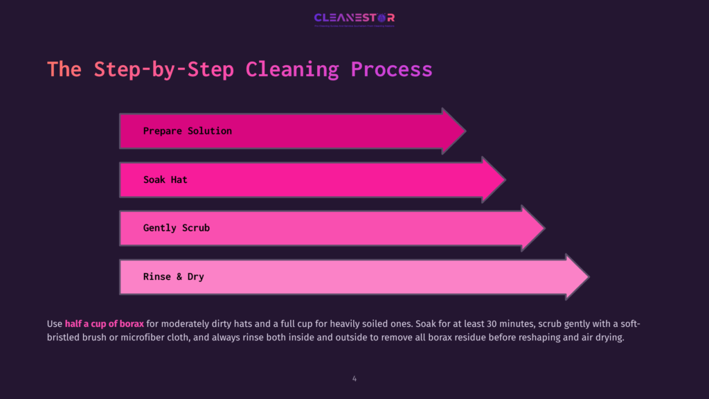 4 The Step By Step Cleaning Process Cleanestor Logo Above A Step-By-Step Cleaning Process Diagram With Four Stages: Prepare Solution, Soak Hat, Gently Scrub, And Rinse &Amp; Dry. Text Details Using Borax For Hat Cleaning.