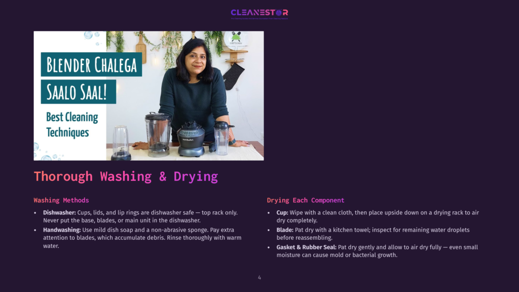 Woman Demonstrating How To Clean A Blender, With Text Overlays &Quot;Blender Chalega Saalo Saal!&Quot; And &Quot;Best Cleaning Techniques&Quot;.