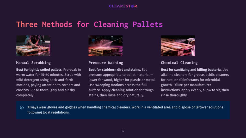 4 Three Methods For Cleaning Pallets 1 Three Methods For Cleaning Pallets: Manual Scrubbing, Pressure Washing, And Chemical Cleaning. Each Method Is Illustrated With A Pallet Being Cleaned.