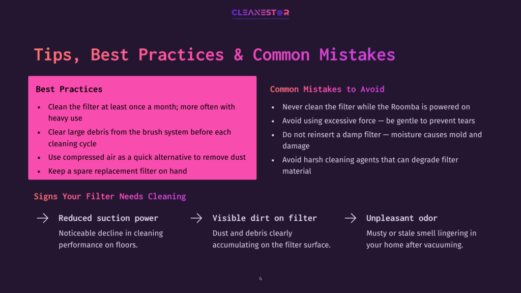 4 Tips Best Practices And Common Mistakes Infographic Titled &Quot;Tips, Best Practices &Amp; Common Mistakes&Quot; For Cleaning Robot Filters, Detailing Best Practices Like Cleaning Filters Regularly And Avoiding Excessive Force, And Common Mistakes Like Not Cleaning The Filter Or Using Harsh Cleaning Agents.