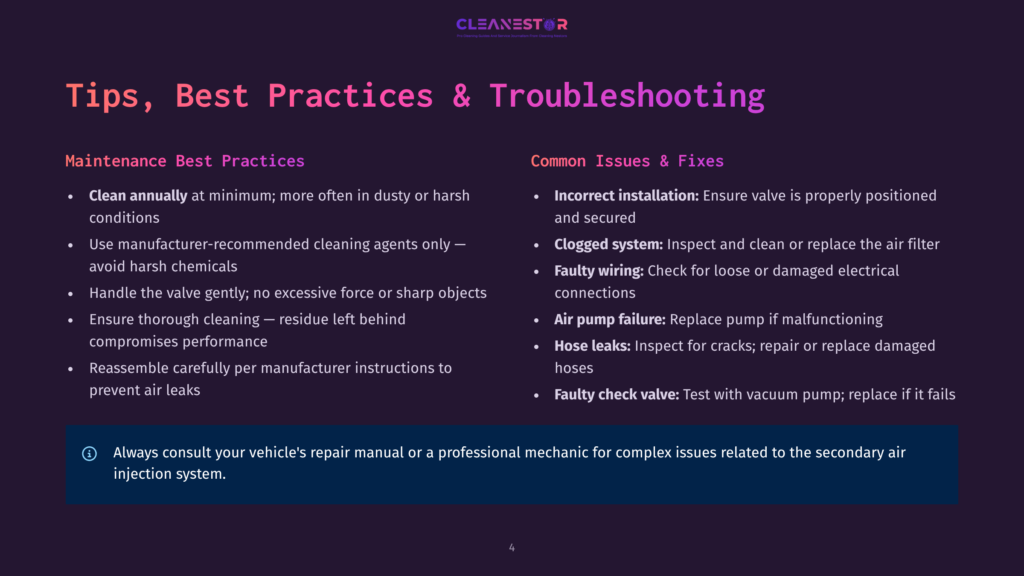 Slide Titled &Quot;Tips, Best Practices &Amp; Troubleshooting&Quot; With Two Columns: &Quot;Maintenance Best Practices&Quot; And &Quot;Common Issues &Amp; Fixes,&Quot; Featuring Bullet Points And A Warning Icon.