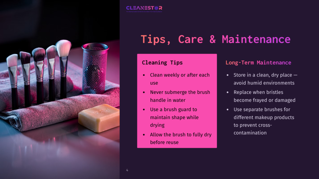 4 Tips Care And Maintenance A Clean, Organized Display Of Makeup Brushes On A Red Cloth, Alongside A Bar Of Soap And A Small Waste Bin, With A Pink Box Listing Cleaning Tips And Long-Term Maintenance Advice.