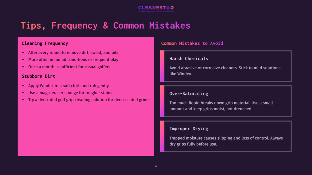 Cleanestor Graphic: Tips, Frequency &Amp; Common Mistakes For Cleaning Golf Grips. Left Side: Cleaning Frequency (After Every Round, Humid Conditions, Monthly For Casual Golfers). Right Side: Common Mistakes To Avoid (Harsh Chemicals, Over-Saturating, Improper Drying).