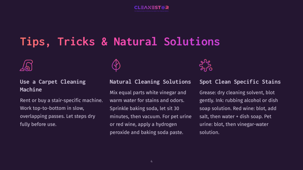 Infographic With The Title &Quot;Tips, Tricks &Amp; Natural Solutions&Quot; For Carpet Cleaning, Featuring Icons For A Carpet Cleaning Machine, A Leaf, And A Spray Bottle, With Text Detailing Methods For Using Machines And Natural Stain Removal.