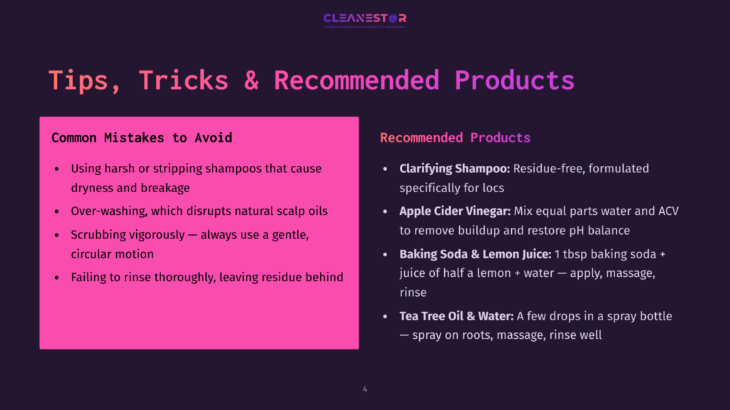 A Slide Titled &Quot;Tips, Tricks &Amp; Recommended Products&Quot; With Two Columns: &Quot;Common Mistakes To Avoid&Quot; (Listing Harsh Shampoos, Over-Washing, Improper Rinsing) And &Quot;Recommended Products&Quot; (Listing Clarifying Shampoo, Apple Cider Vinegar, Baking Soda &Amp; Lemon Juice, Tea Tree Oil &Amp; Water).