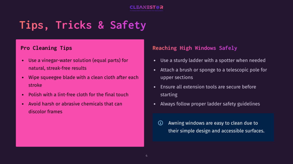 Cleanestor Pro Cleaning Tips And Reaching High Windows Safely Infographic. Tips Include Using Vinegar-Water Solution, Squeegee Blades, And Avoiding Harsh Chemicals. Safety Tips Include Using A Sturdy Ladder And Following Guidelines.