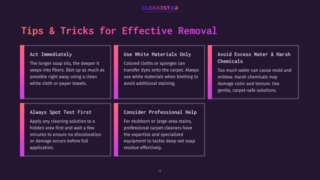 4 Tips And Tricks For Effective Removal Tips And Tricks For Effective Removal: Act Immediately, Use White Materials Only, Avoid Excess Water &Amp; Harsh Chemicals, Always Spot Test First, Consider Professional Help. Cleanestor Logo At The Top.