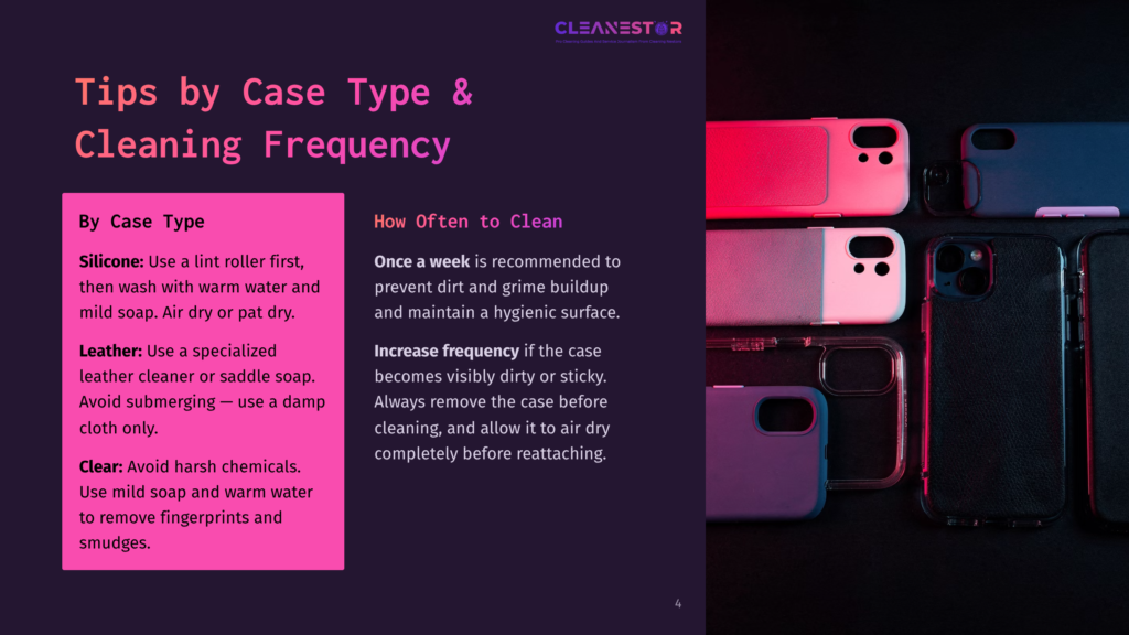 A Graphic Displaying Smartphone Cases Of Various Colors With Text About Cleaning Frequency And Case Type. It Includes Instructions For Cleaning Silicone, Leather, And Clear Cases.
