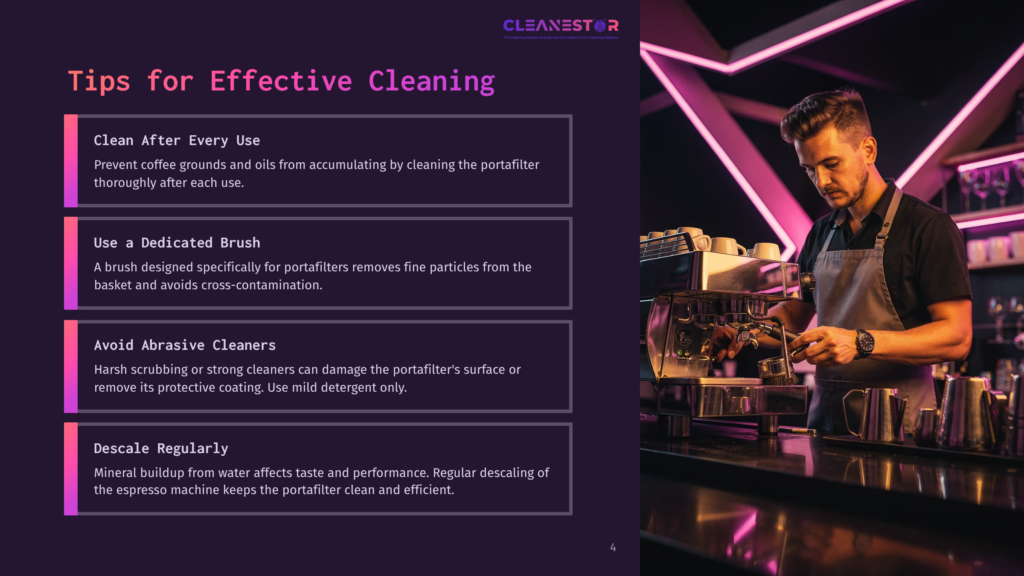 Barista In Apron Making Espresso, With Text Overlay &Quot;Cleanestor Tips For Effective Cleaning: Clean After Every Use, Use A Dedicated Brush, Avoid Abrasive Cleaners, Descale Regularly&Quot;.