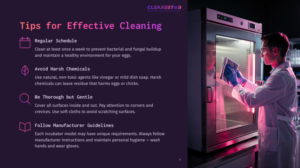 A Scientist In A Lab Coat And Blue Gloves Cleans The Inside Of A Sterile Incubator With A Cloth, Following Effective Cleaning Tips For A Healthy Environment.