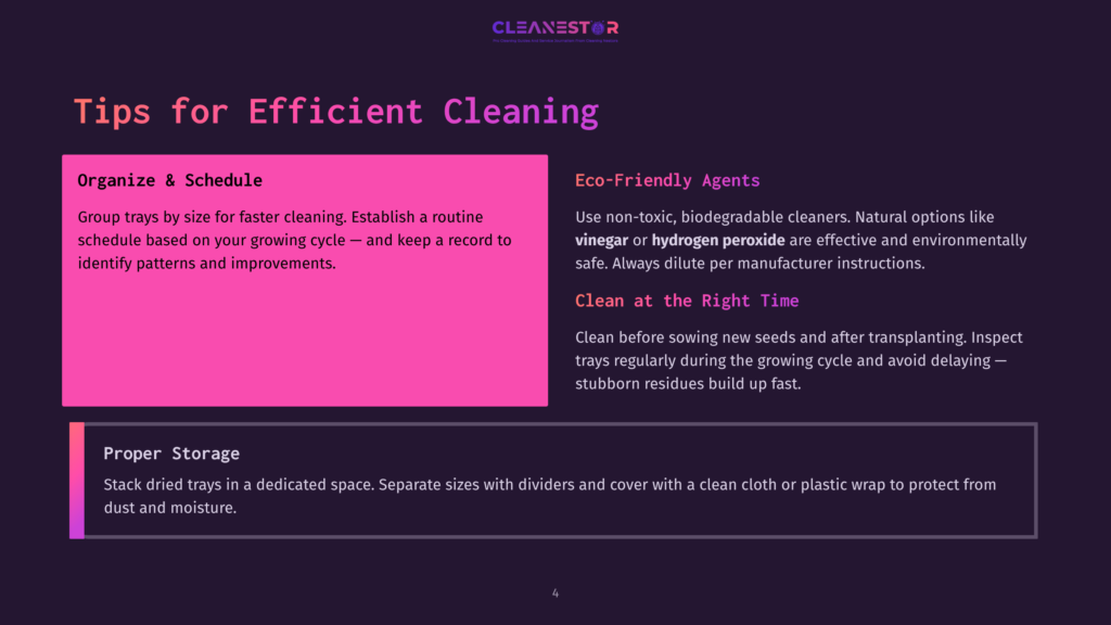 A Dark Purple Slide With The Title &Quot;Tips For Efficient Cleaning&Quot; In Pink And White Text. The Slide Is Divided Into Sections On Organizing And Scheduling, Eco-Friendly Agents Like Vinegar And Hydrogen Peroxide, And Proper Storage.
