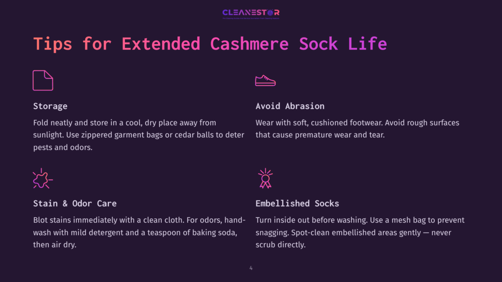 4 Tips For Extended Cashmere Sock Life Infographic Titled &Quot;Tips For Extended Cashmere Sock Life&Quot; With Icons For Storage, Avoiding Abrasion, Stain &Amp; Odor Care, And Embellished Socks.