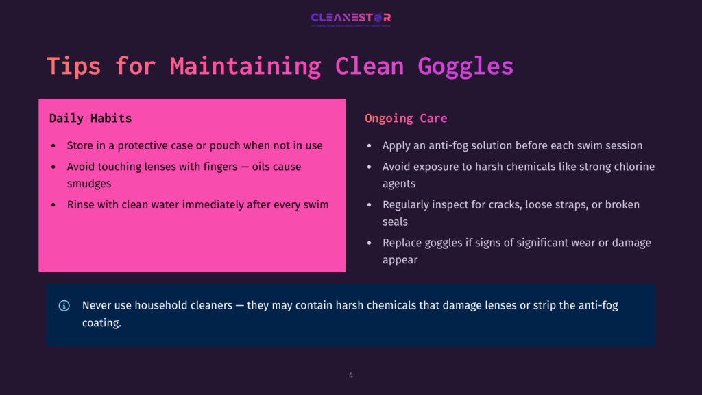 4 Tips For Maintaining Clean Goggles Clean Goggles Tips: Store In Protective Case, Avoid Touching Lenses, Rinse With Clean Water. Ongoing Care: Apply Anti-Fog Solution, Avoid Harsh Chemicals, Inspect For Cracks, Replace If Damaged.