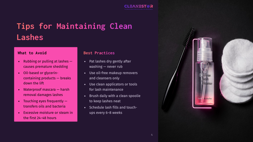 A Bottle Of Cleanestor Oil-Free Lash Cleanser Sits On A Dark Surface Next To A Black Lash Brush And Two Cotton Pads, With Text Overlay About Lash Maintenance.