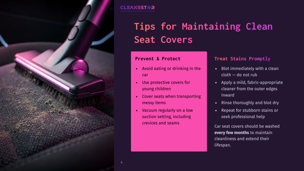 A Pink And Purple Vacuum Cleaner Cleans A Car Seat With A Text Overlay Reading &Quot;Tips For Maintaining Clean Seat Covers.&Quot; The Vacuum Is Focused On A Dirty Car Seat, Emphasizing Cleanliness And Maintenance.