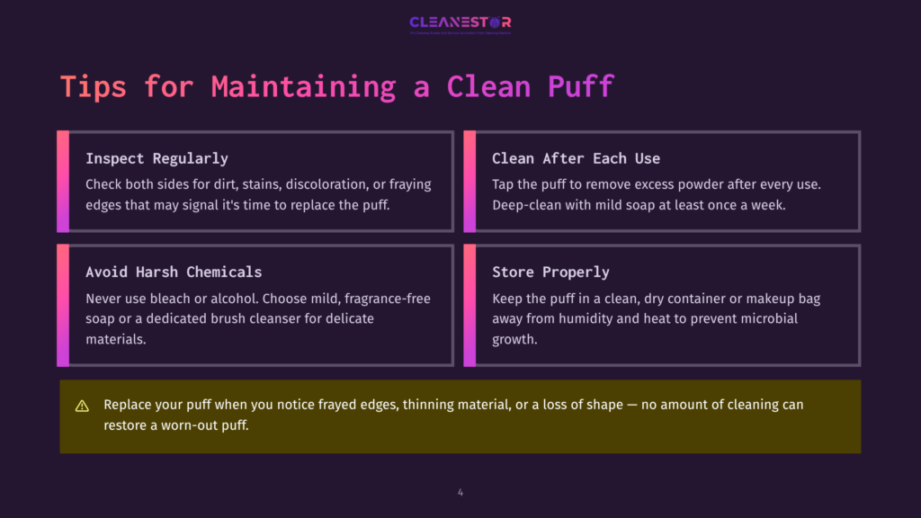 Infographic Titled &Quot;Tips For Maintaining A Clean Puff&Quot; With Four Sections: Inspect Regularly, Clean After Each Use, Avoid Harsh Chemicals, And Store Properly. A Warning Icon Is Present With Text About Replacing Worn-Out Puffs.