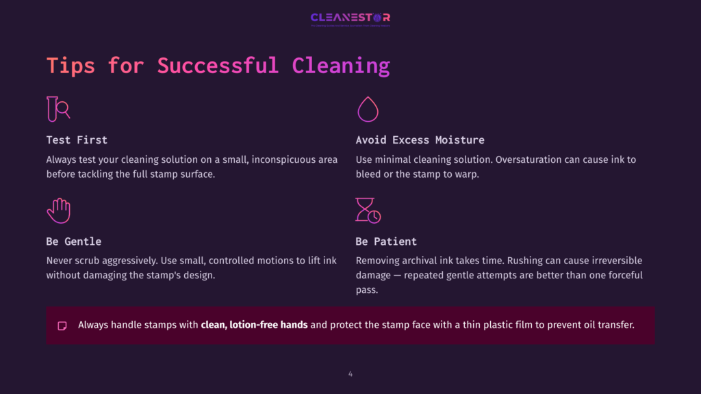 Dark Purple Background With The Title &Quot;Tips For Successful Cleaning&Quot; In Large White And Pink Text. Below Are Four Tips With Icons: Test First, Avoid Excess Moisture, Be Gentle, Be Patient, And A Final Tip About Handling Stamps.