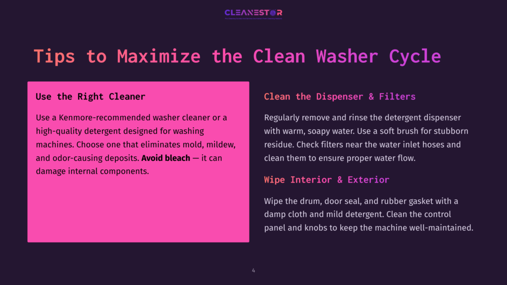 4 Tips To Maximize The Clean Washer Cycle Graphic With Text: &Quot;Tips To Maximize The Clean Washer Cycle&Quot; And Advice On Using The Right Cleaner, Cleaning The Dispenser &Amp; Filters, And Wiping Interior &Amp; Exterior. The Background Is Dark Purple With Pink Accents.
