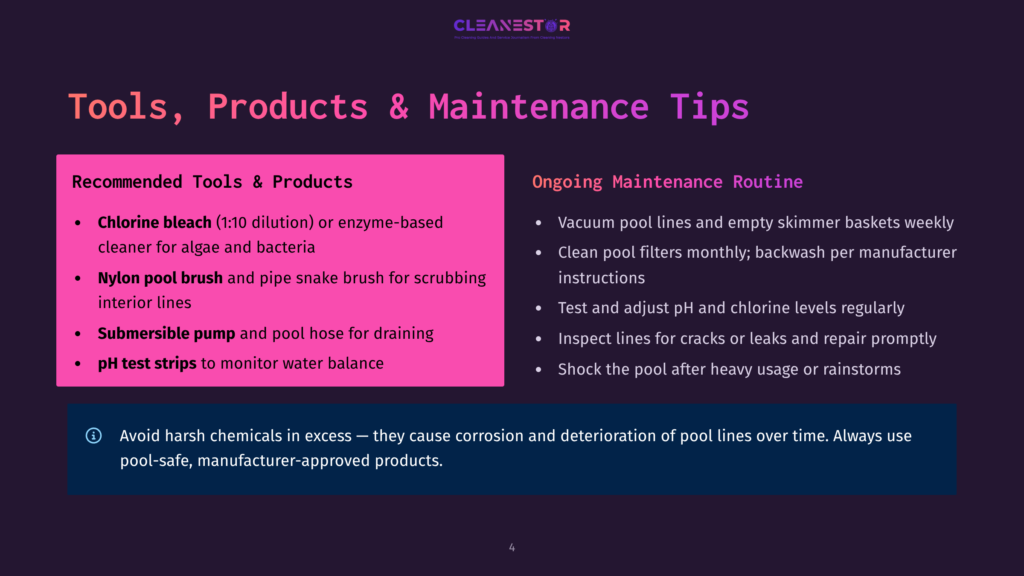 A Dark Background With A Pink Rectangle Listing Recommended Tools And Products For Pool Maintenance, Including Chlorine Bleach, Nylon Pool Brush, Submersible Pump, And Ph Test Strips. To The Right, A Section Titled &Quot;Ongoing Maintenance Routine&Quot; Lists Tasks Like Cleaning Vacuum Lines And Adjusting Ph.