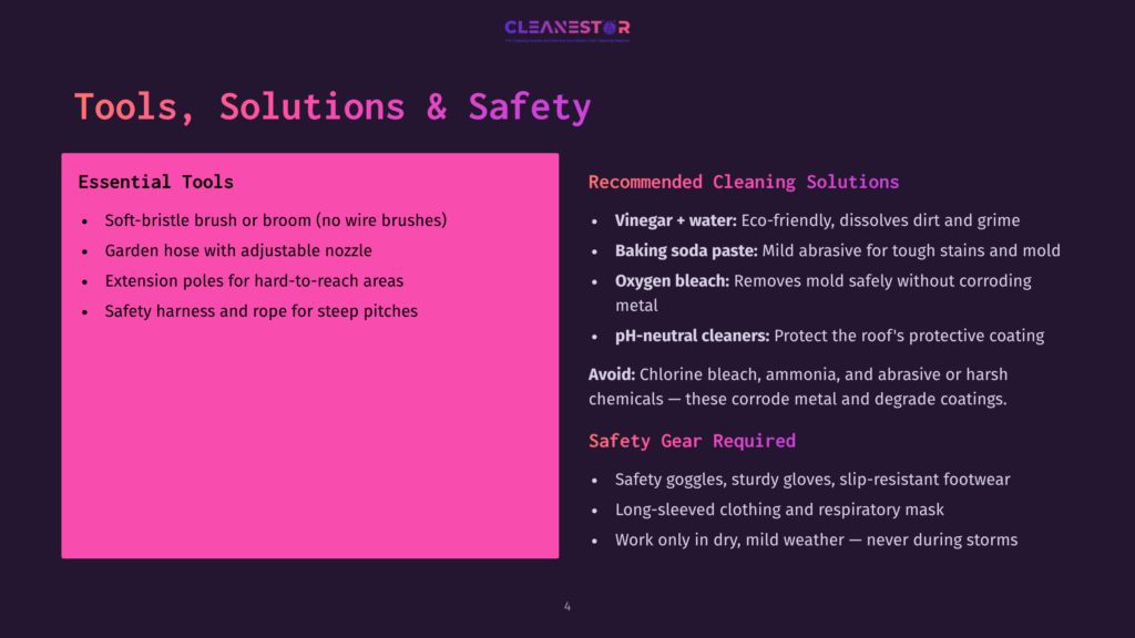 4 Tools Solutions And Safety Presentation Slide Titled &Quot;Tools, Solutions &Amp; Safety&Quot; With Sections On &Quot;Essential Tools&Quot; And &Quot;Recommended Cleaning Solutions.