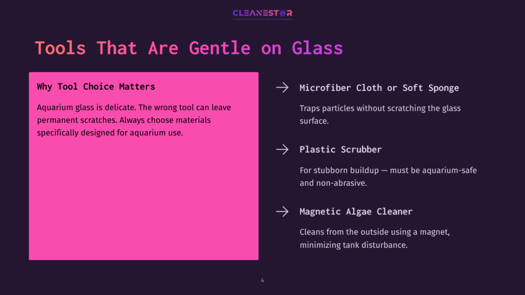 Dark Background With A Pink Rectangle On The Left Containing Text About Aquarium Glass Care. To The Right, Three Bullet Points List Tools For Cleaning Glass: Microfiber Cloth, Plastic Scrubber, And Magnetic Algae Cleaner.